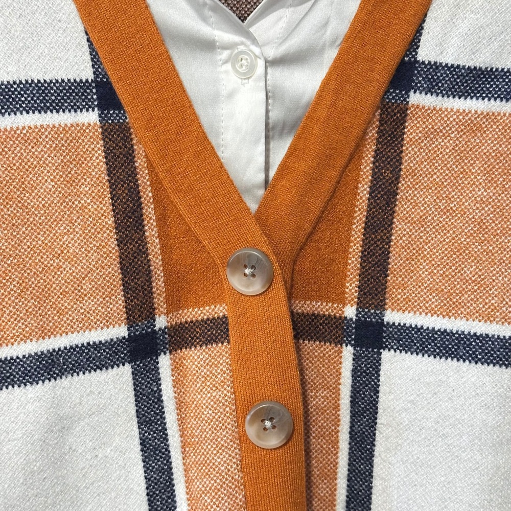Rachel Zoe Twofer Sweater Women Orange Plaid V-Neck Cardigan Academia Chic S - Picture 2 of 6